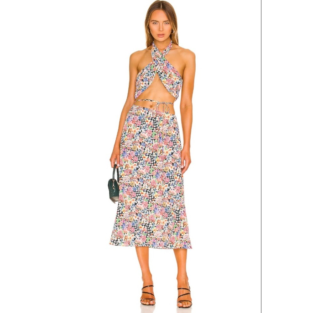 For Love & Lemons Skirt Set Deidre Halter Scarf Top Light Blue Floral Midi M